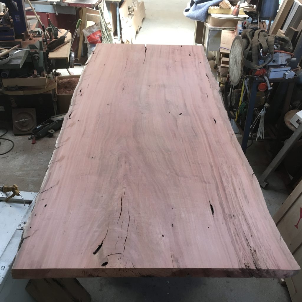red gum slab table in process - after sanding